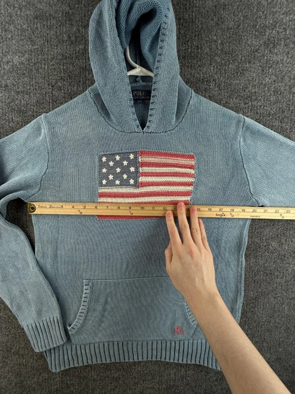Polo Ralph Lauren Flag Sweater Girls XL 18-20 Graphic Cotton Hooded Light Blue